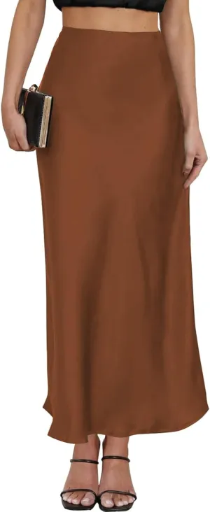 2025 Satin High Waisted Maxi Skirt Silk A-Line Spring Summer Casual Long Skirts for Women