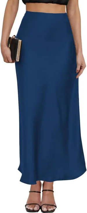 2025 Satin High Waisted Maxi Skirt Silk A-Line Spring Summer Casual Long Skirts for Women