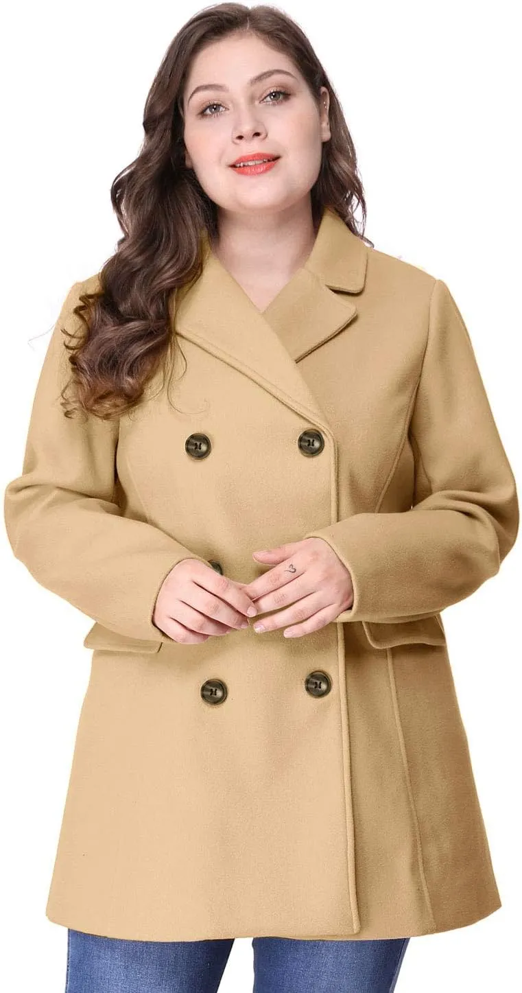 Agnes Orinda Women's Plus Size Notched Lapel Double Breasted Long Coat
