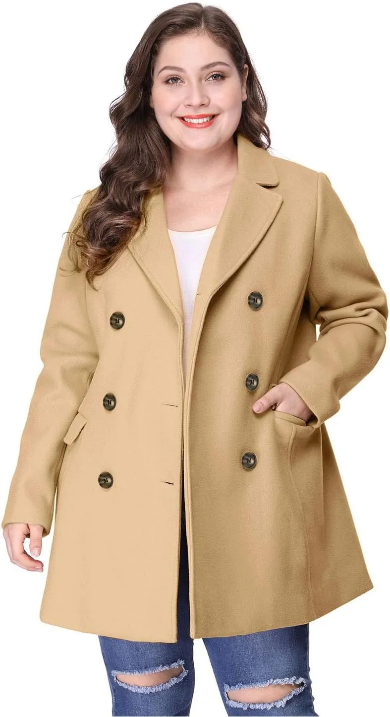 Agnes Orinda Women's Plus Size Notched Lapel Double Breasted Long Coat