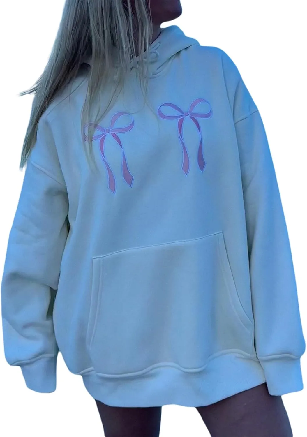 Amiblvowa Preppy Embroidery Graphic Hoodies for Teen Girl Y2K Long Sleeve Oversized Pullover Sweatshirt Top Women Cute Hooded