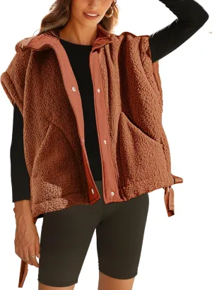 APAFES Women Oversized Fleece Vest Winter Warm Stand Collar Flysleeve Fuzzy Jackets Outerwear Coat with Pockets