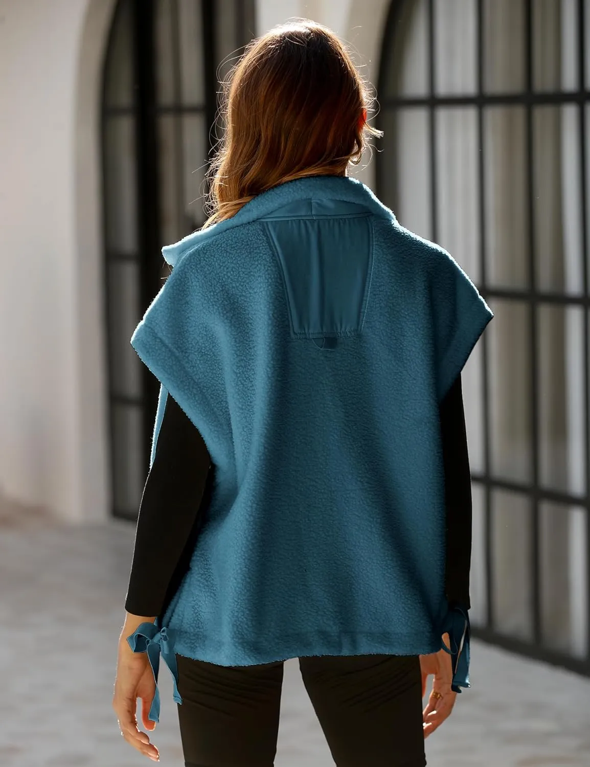 APAFES Women Oversized Fleece Vest Winter Warm Stand Collar Flysleeve Fuzzy Jackets Outerwear Coat with Pockets