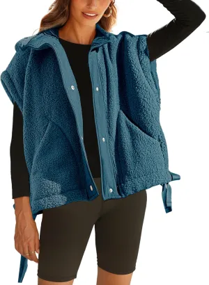 APAFES Women Oversized Fleece Vest Winter Warm Stand Collar Flysleeve Fuzzy Jackets Outerwear Coat with Pockets