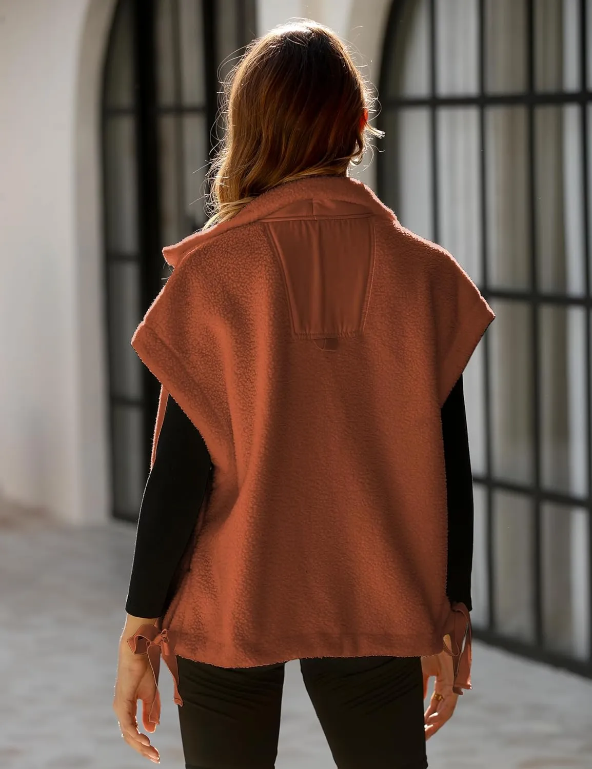 APAFES Women Oversized Fleece Vest Winter Warm Stand Collar Flysleeve Fuzzy Jackets Outerwear Coat with Pockets