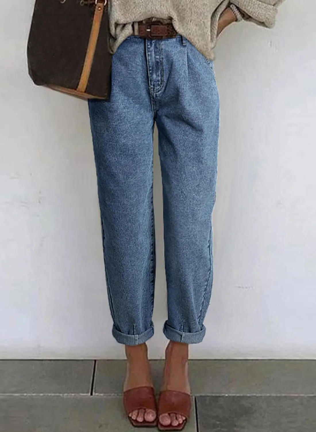 Astylish Womens High Waisted Baggy Jeans Boyfriend Cropped Loose Denim Pants