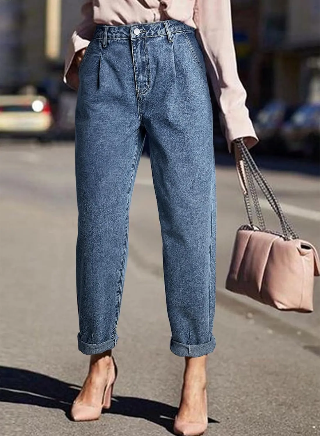 Astylish Womens High Waisted Baggy Jeans Boyfriend Cropped Loose Denim Pants