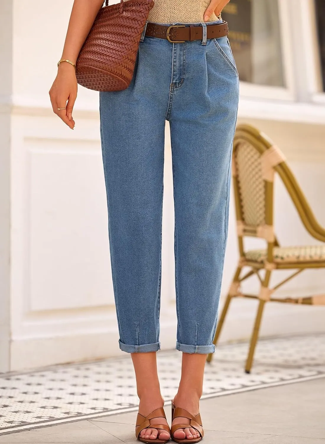 Astylish Womens High Waisted Baggy Jeans Boyfriend Cropped Loose Denim Pants