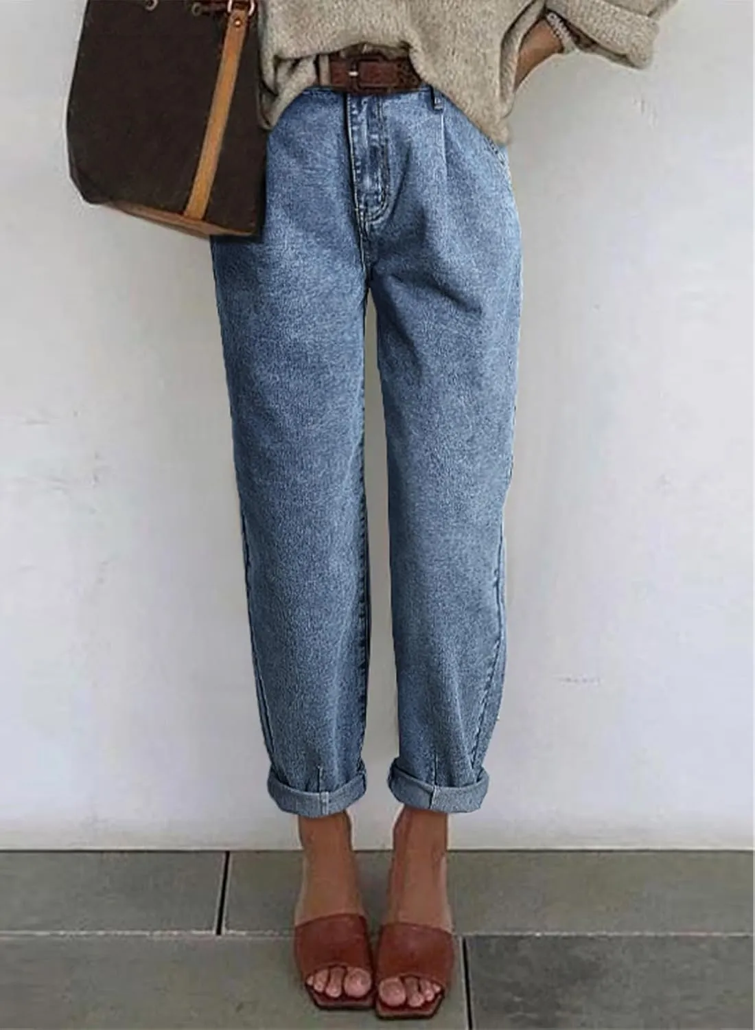 Astylish Womens High Waisted Baggy Jeans Boyfriend Cropped Loose Denim Pants