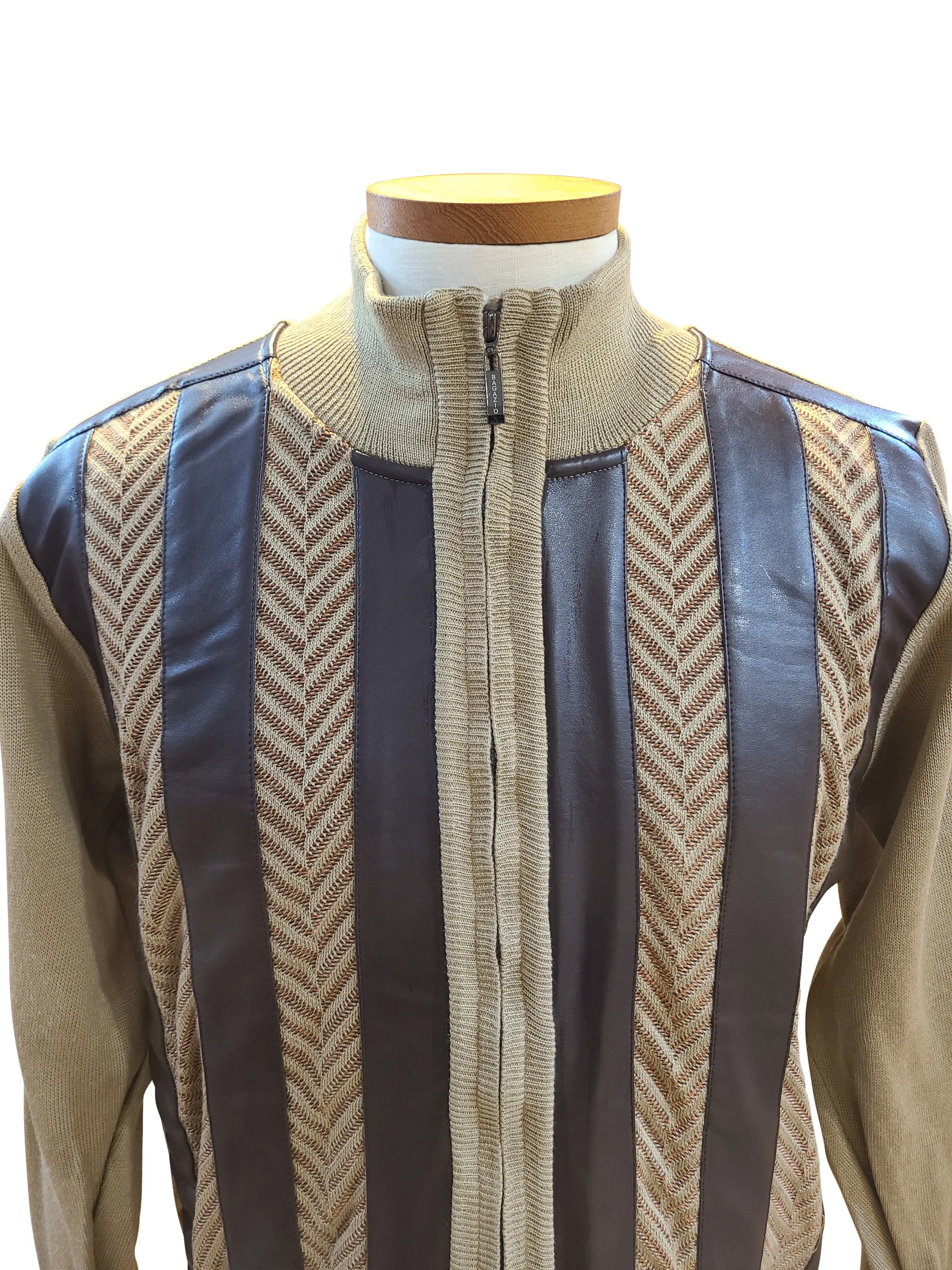 Bagazio Crew Neck Full Zipper PU Sweaters