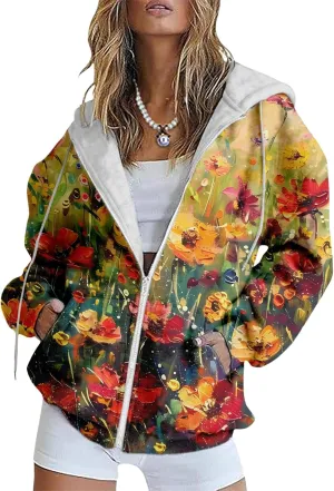Bengbobar Women's Floral Printed Sweatshirt Long Sleeve Hooded Loose Vintage FLower Graphic Tops Oversized Hoodies for Women