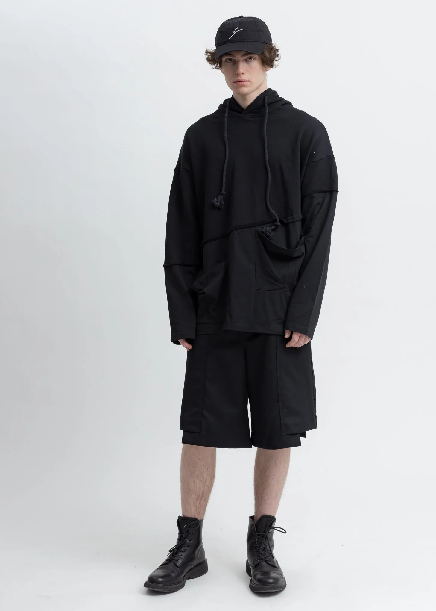 Black Panelled Stitch Detail Hoodie