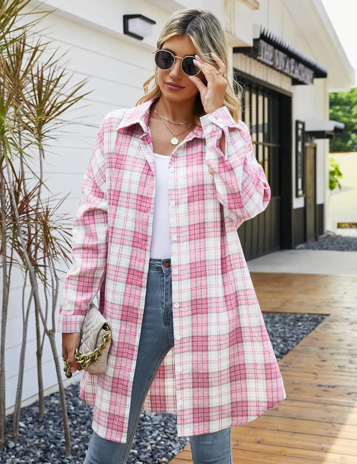 Blooming Jelly Women's Button Down Flannel Shirts Plaid Shacket Long Sleeve Collared Long Jacket Coats