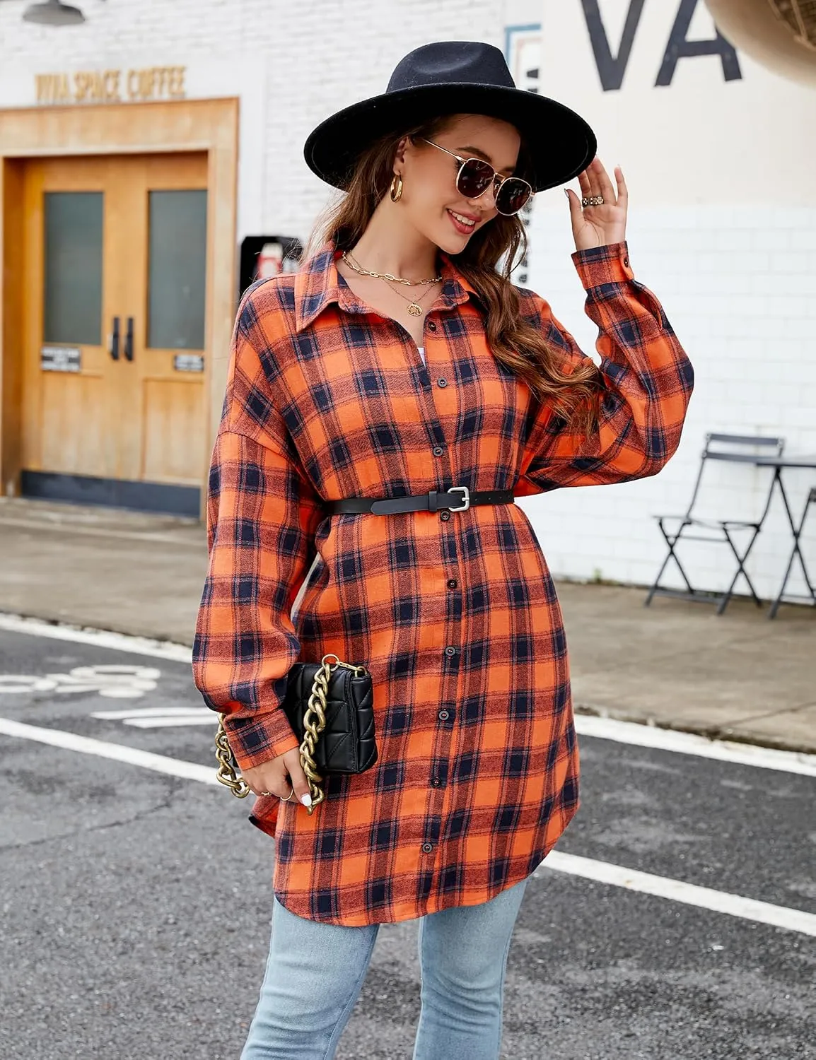 Blooming Jelly Women's Button Down Flannel Shirts Plaid Shacket Long Sleeve Collared Long Jacket Coats