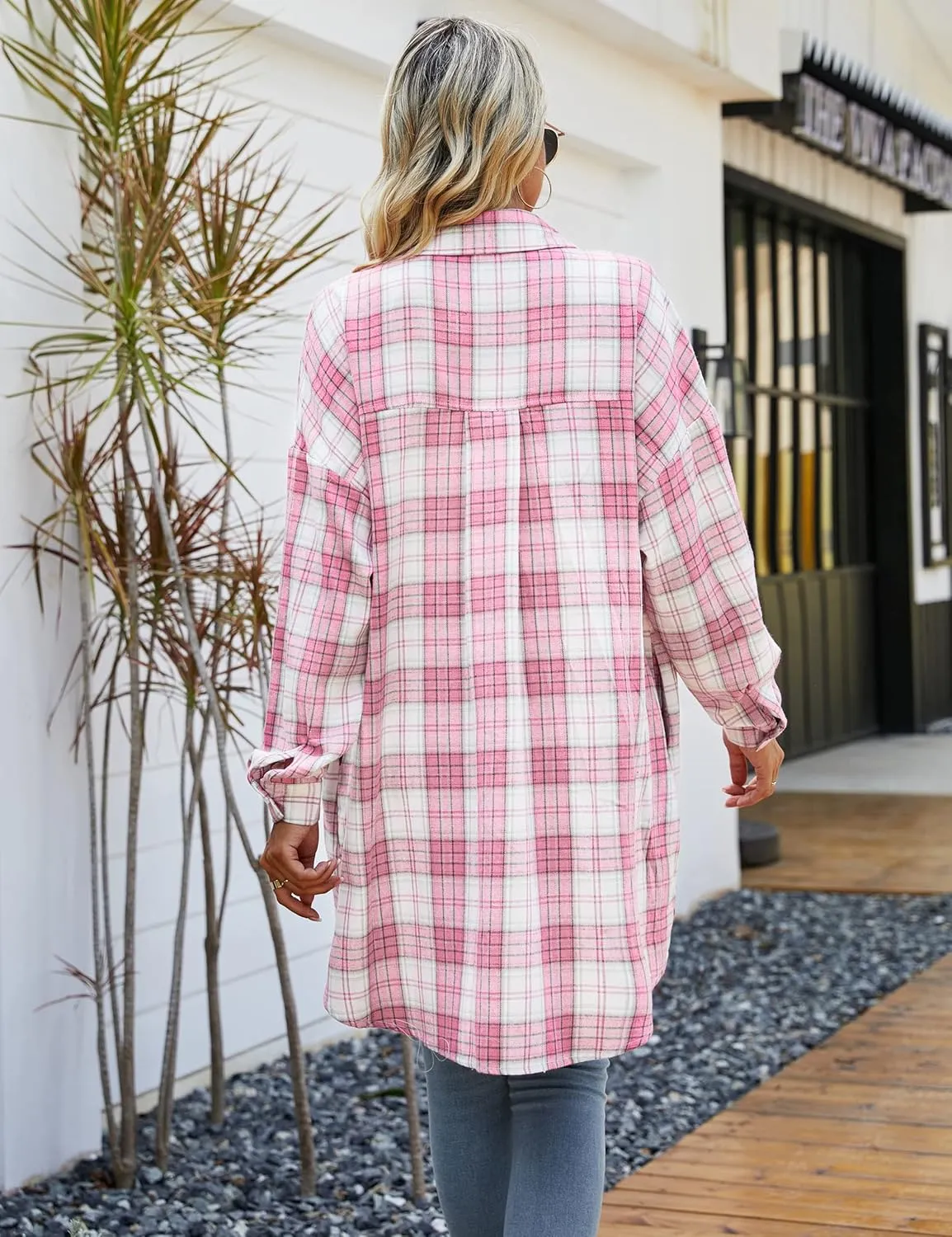 Blooming Jelly Women's Button Down Flannel Shirts Plaid Shacket Long Sleeve Collared Long Jacket Coats