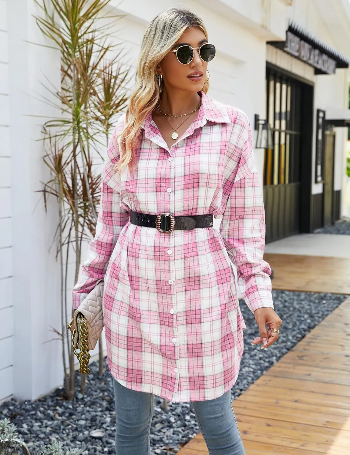 Blooming Jelly Women's Button Down Flannel Shirts Plaid Shacket Long Sleeve Collared Long Jacket Coats
