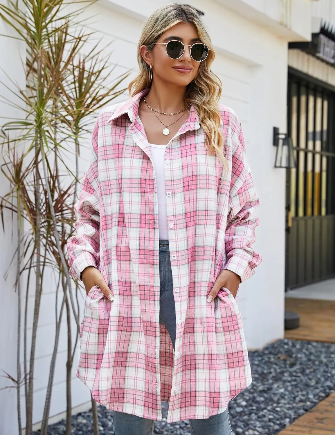 Blooming Jelly Women's Button Down Flannel Shirts Plaid Shacket Long Sleeve Collared Long Jacket Coats