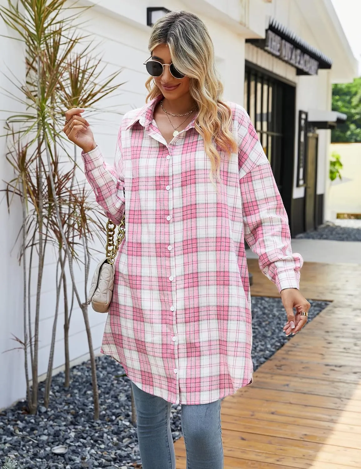 Blooming Jelly Women's Button Down Flannel Shirts Plaid Shacket Long Sleeve Collared Long Jacket Coats
