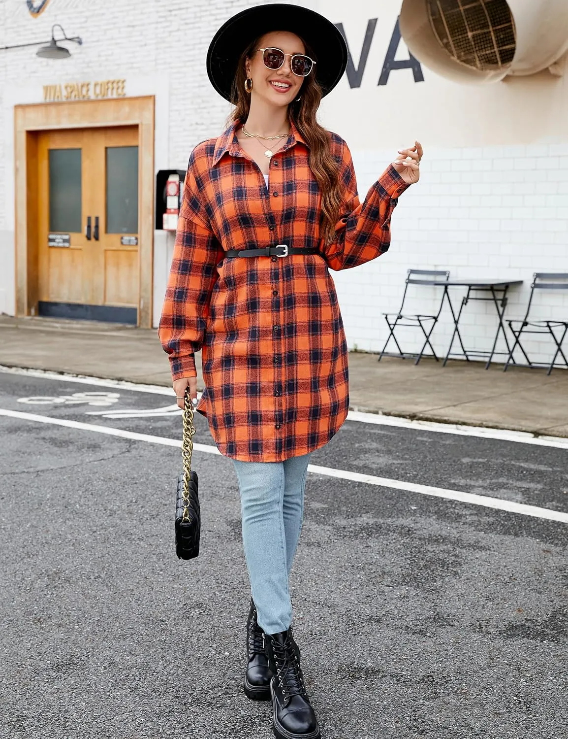 Blooming Jelly Women's Button Down Flannel Shirts Plaid Shacket Long Sleeve Collared Long Jacket Coats