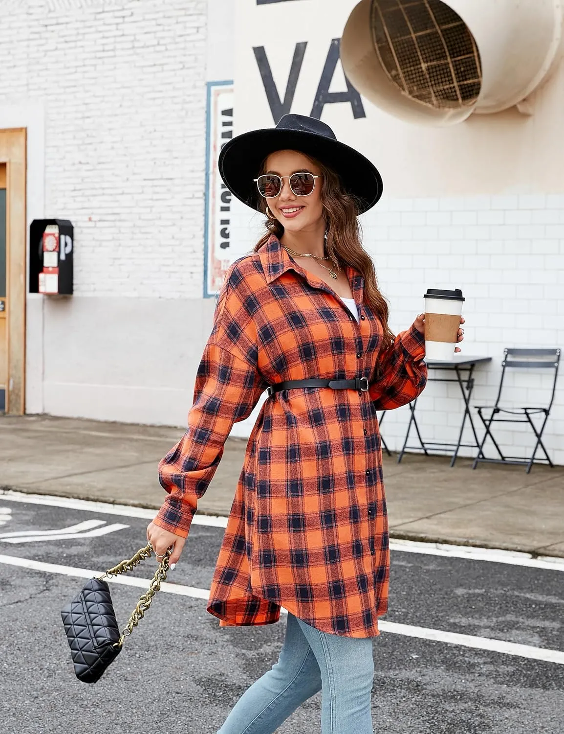 Blooming Jelly Women's Button Down Flannel Shirts Plaid Shacket Long Sleeve Collared Long Jacket Coats