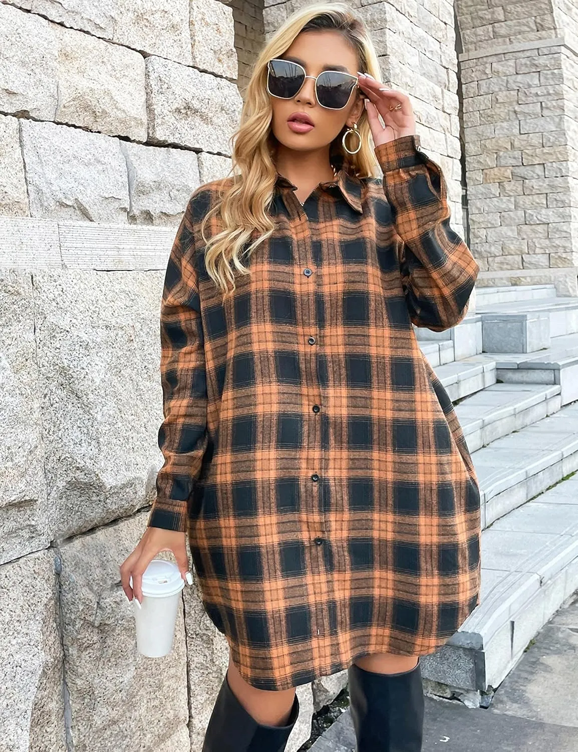 Blooming Jelly Women's Button Down Flannel Shirts Plaid Shacket Long Sleeve Collared Long Jacket Coats