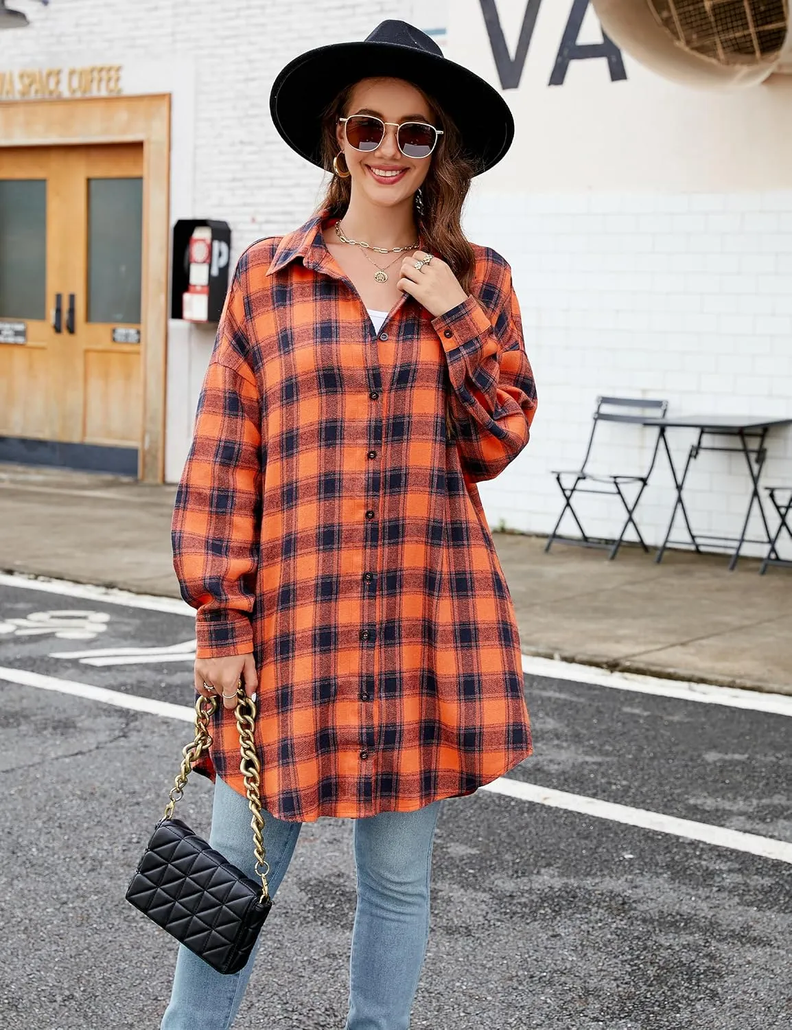 Blooming Jelly Women's Button Down Flannel Shirts Plaid Shacket Long Sleeve Collared Long Jacket Coats
