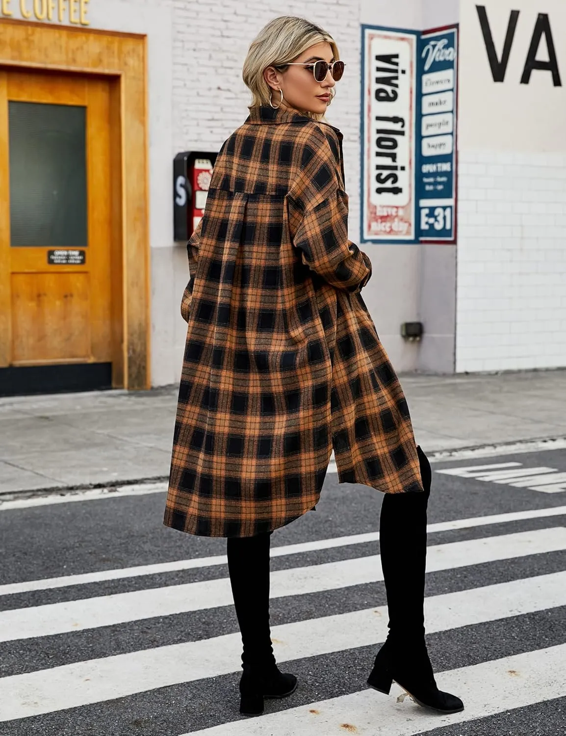 Blooming Jelly Women's Button Down Flannel Shirts Plaid Shacket Long Sleeve Collared Long Jacket Coats