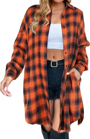 Blooming Jelly Women's Button Down Flannel Shirts Plaid Shacket Long Sleeve Collared Long Jacket Coats