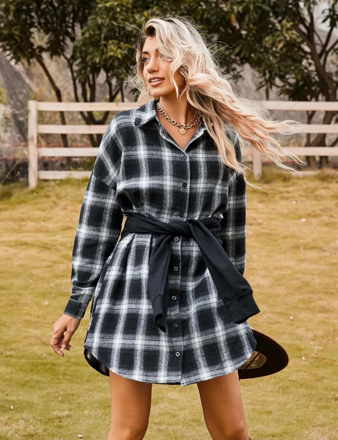 Blooming Jelly Women's Button Down Flannel Shirts Plaid Shacket Long Sleeve Collared Long Jacket Coats