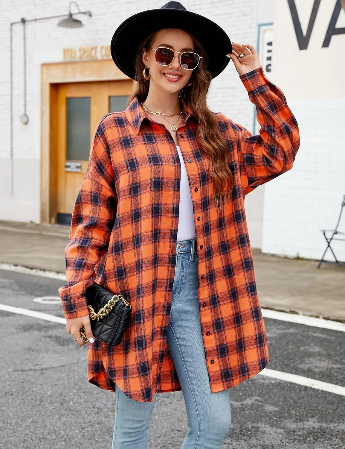 Blooming Jelly Women's Button Down Flannel Shirts Plaid Shacket Long Sleeve Collared Long Jacket Coats