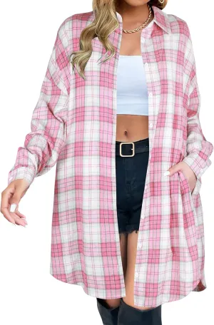 Blooming Jelly Women's Button Down Flannel Shirts Plaid Shacket Long Sleeve Collared Long Jacket Coats