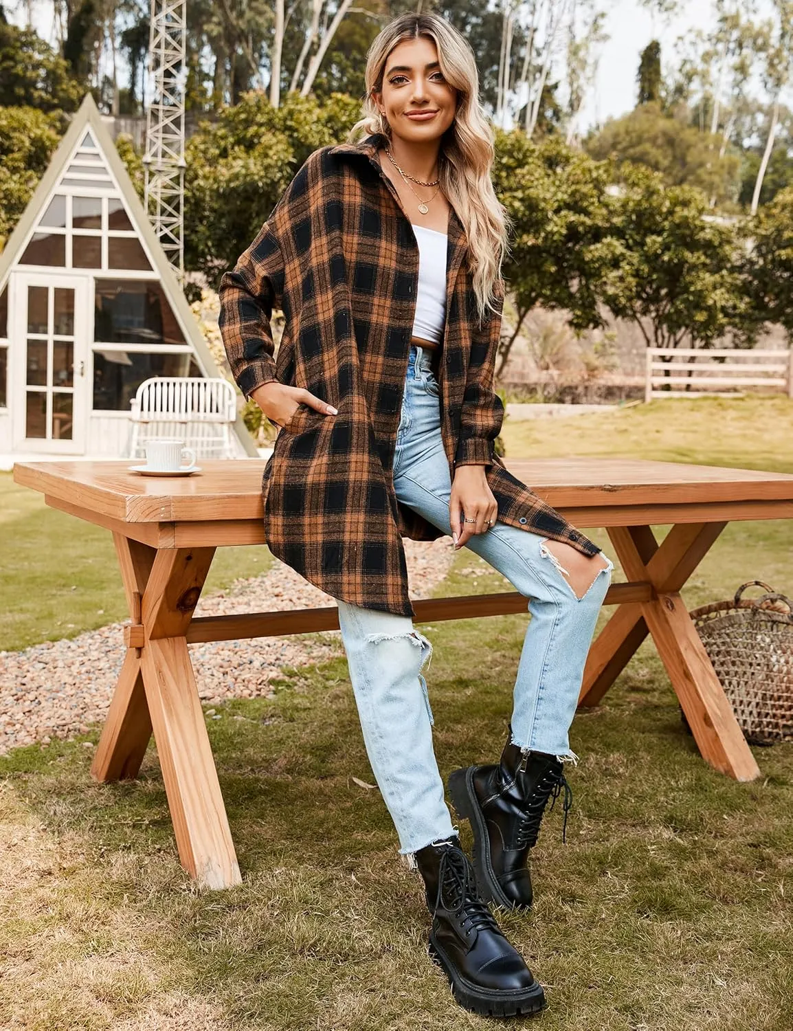 Blooming Jelly Women's Button Down Flannel Shirts Plaid Shacket Long Sleeve Collared Long Jacket Coats