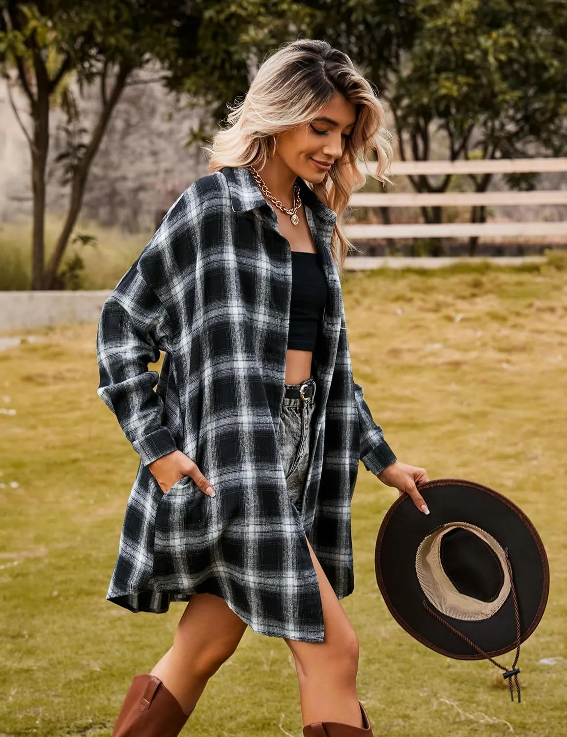 Blooming Jelly Women's Button Down Flannel Shirts Plaid Shacket Long Sleeve Collared Long Jacket Coats