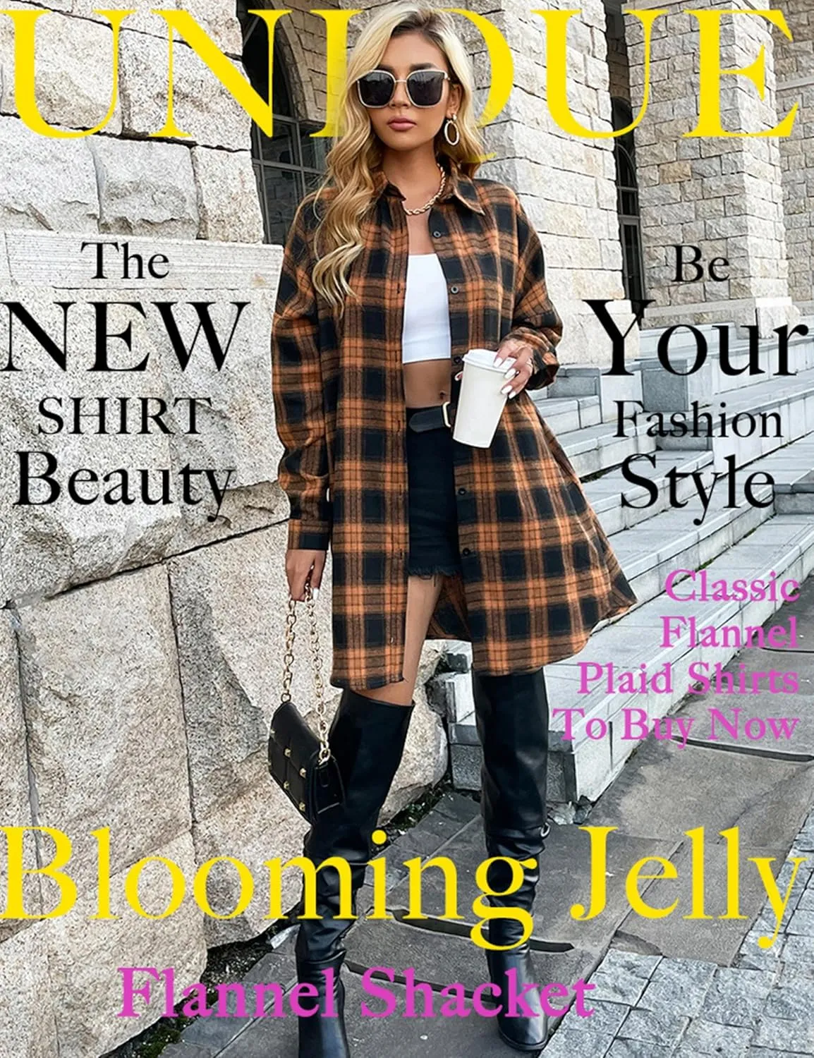 Blooming Jelly Women's Button Down Flannel Shirts Plaid Shacket Long Sleeve Collared Long Jacket Coats
