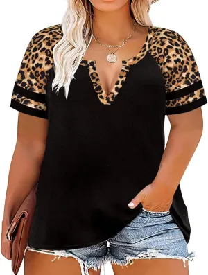 CARCOS Plus Size Tops for Women Short Sleeve Summer Pullover Color Block Crewneck/V Neck Tee Tunic Loose Fit Tshirts XL-5XL