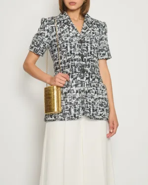 Chanel 15s Navy, White And Black Metallic Thread Short-sleeve Tweed Jacket With Silver Button Size Fr 36 (uk 8) Rrp £3,000
