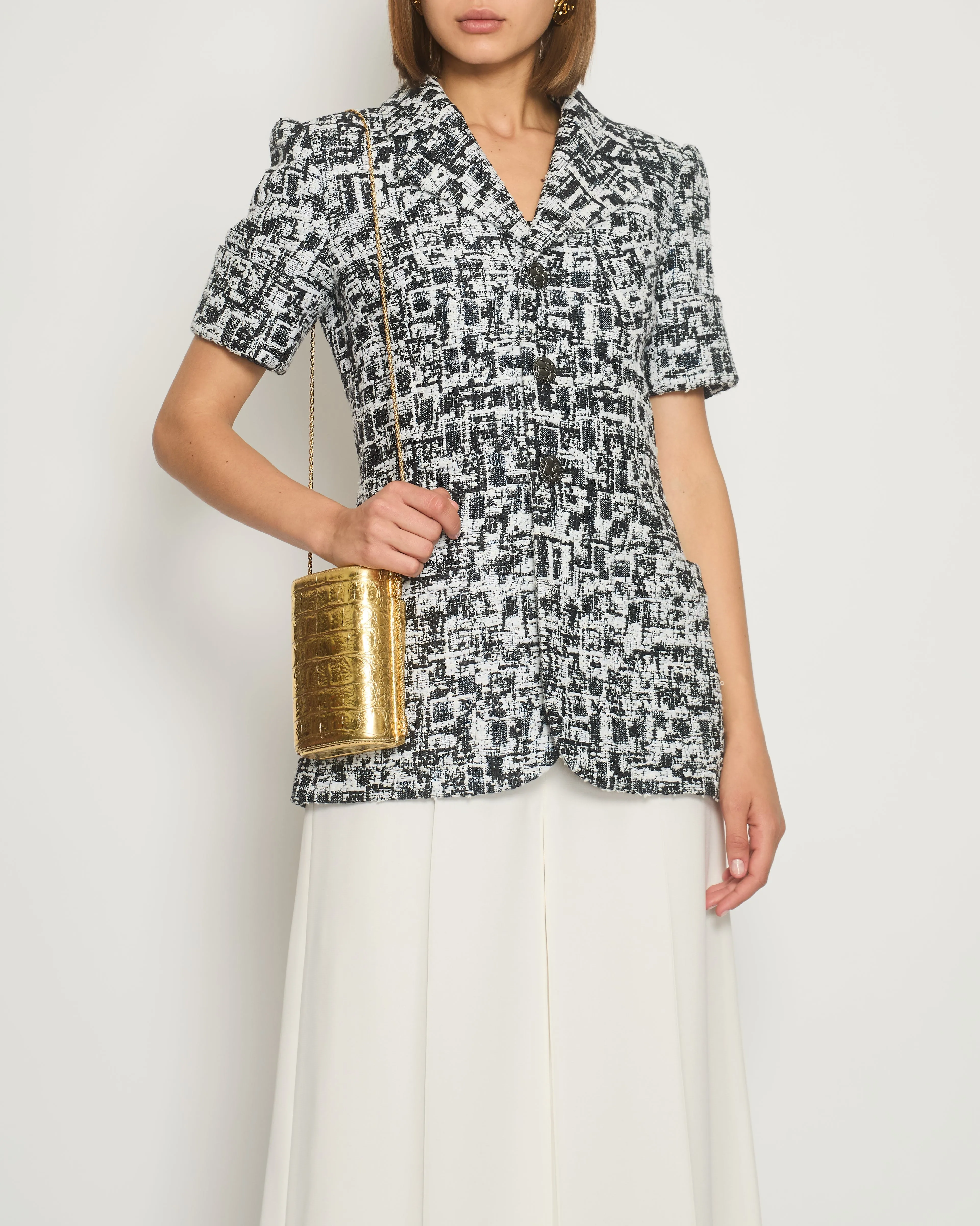 Chanel 15s Navy, White And Black Metallic Thread Short-sleeve Tweed Jacket With Silver Button Size Fr 36 (uk 8) Rrp £3,000