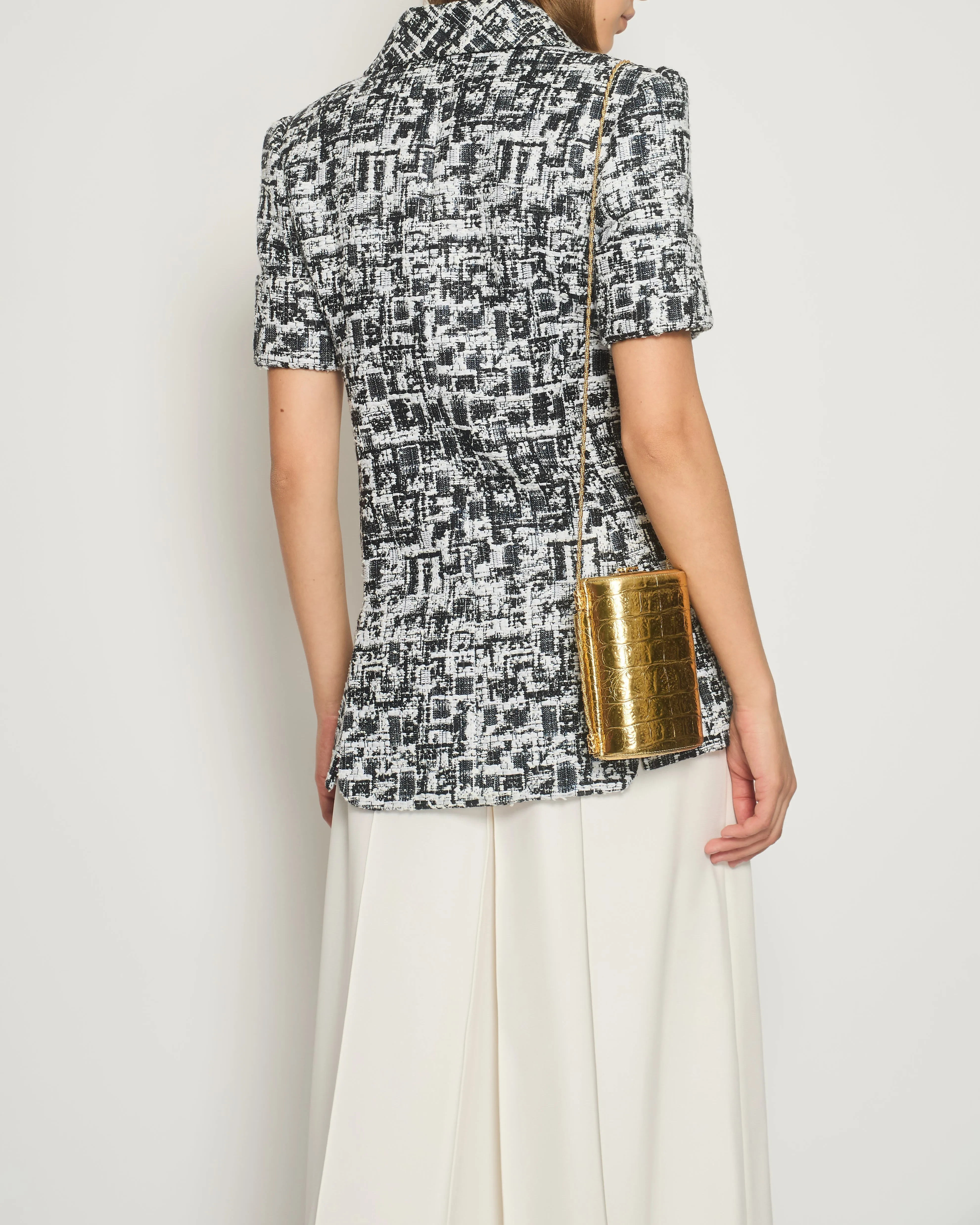 Chanel 15s Navy, White And Black Metallic Thread Short-sleeve Tweed Jacket With Silver Button Size Fr 36 (uk 8) Rrp £3,000