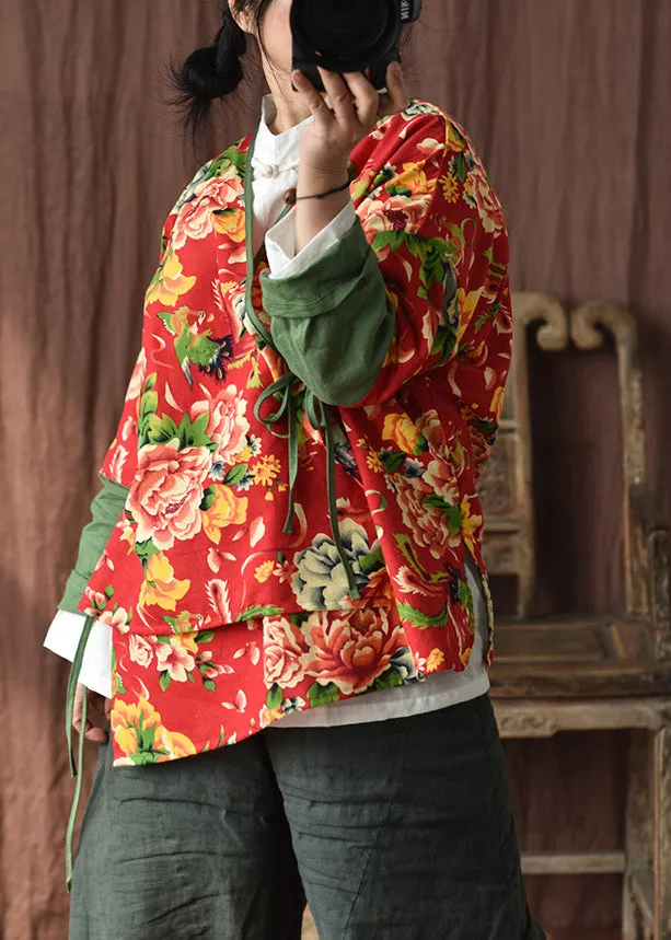 Chic Red V Neck Print Lace Up Patchwork Cotton Coats Fall ML0084