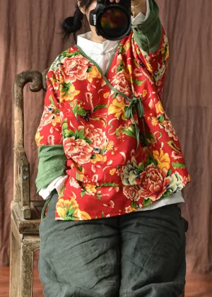 Chic Red V Neck Print Lace Up Patchwork Cotton Coats Fall ML0084