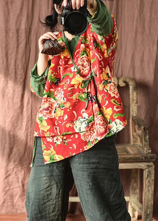 Chic Red V Neck Print Lace Up Patchwork Cotton Coats Fall ML0084