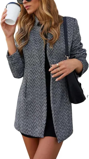 chouyatou Women's Winter Herringbone Stripes Open Front Business Casual Wool Blazer Jacket Overcoat
