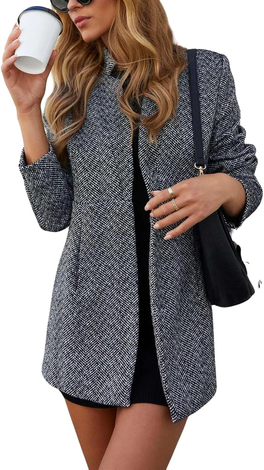 chouyatou Women's Winter Herringbone Stripes Open Front Business Casual Wool Blazer Jacket Overcoat