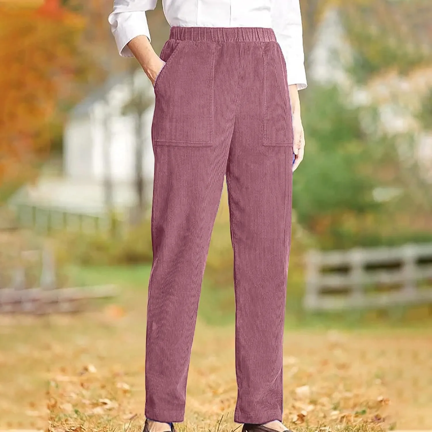 Corduroy Pants for Women 2024 Pull On Straight Leg Slacks Elastic High Waist Trousers Soft Comfy Casual Pants