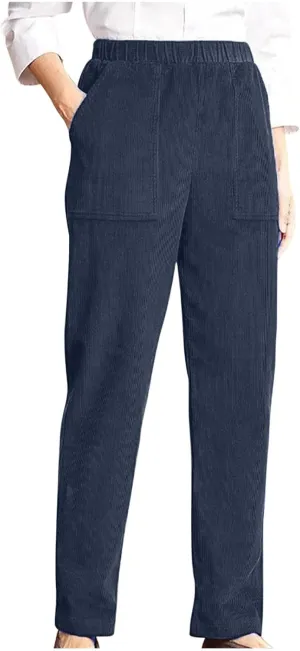 Corduroy Pants for Women 2024 Pull On Straight Leg Slacks Elastic High Waist Trousers Soft Comfy Casual Pants