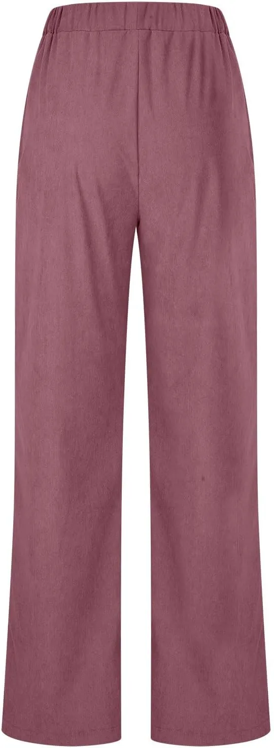 Corduroy Pants for Women 2024 Pull On Straight Leg Slacks Elastic High Waist Trousers Soft Comfy Casual Pants