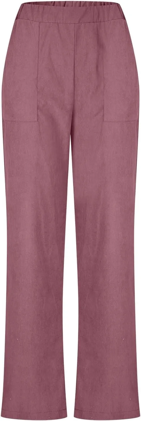Corduroy Pants for Women 2024 Pull On Straight Leg Slacks Elastic High Waist Trousers Soft Comfy Casual Pants