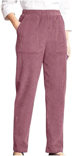 Corduroy Pants for Women 2024 Pull On Straight Leg Slacks Elastic High Waist Trousers Soft Comfy Casual Pants