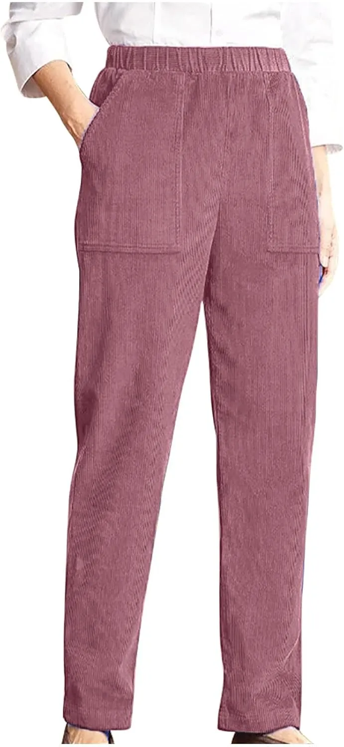 Corduroy Pants for Women 2024 Pull On Straight Leg Slacks Elastic High Waist Trousers Soft Comfy Casual Pants