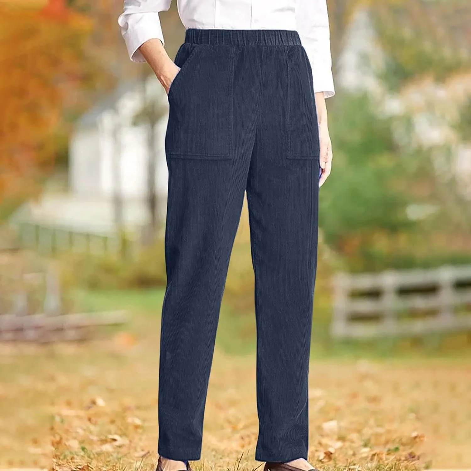 Corduroy Pants for Women 2024 Pull On Straight Leg Slacks Elastic High Waist Trousers Soft Comfy Casual Pants